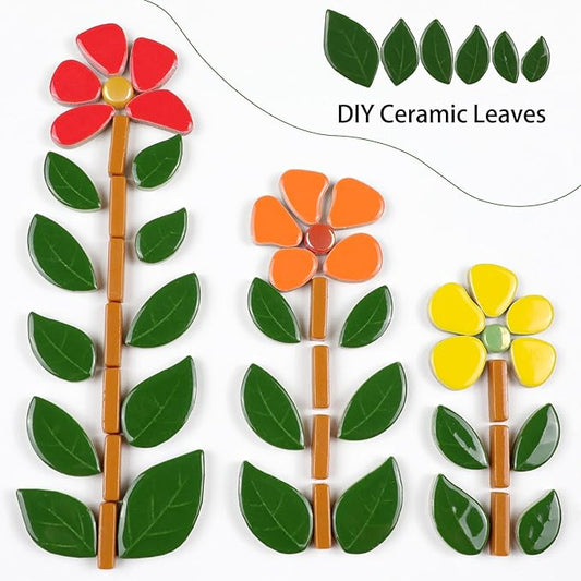 Mosaic Tiles for Crafts Bulk - Mini Ceramic Oak Leaves Pieces for DIY Kits & Adults DIY Mosaic Making Hobbies Decoration Stepping Stone and etc. (Green Ceramic Rhomboid Leaf Mix)