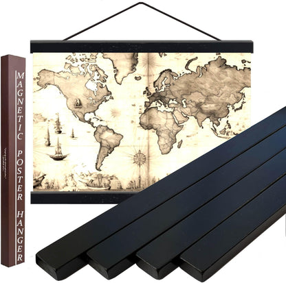 DACRI HOME 44" Magnetic Poster Hanger Frame - Sturdy Teak Wood Poster Frame 44x18 44x24 44x36, Strong Magnets for Easy Hanging Map Picture Print Scroll Wall Art (44 Inch, Black)