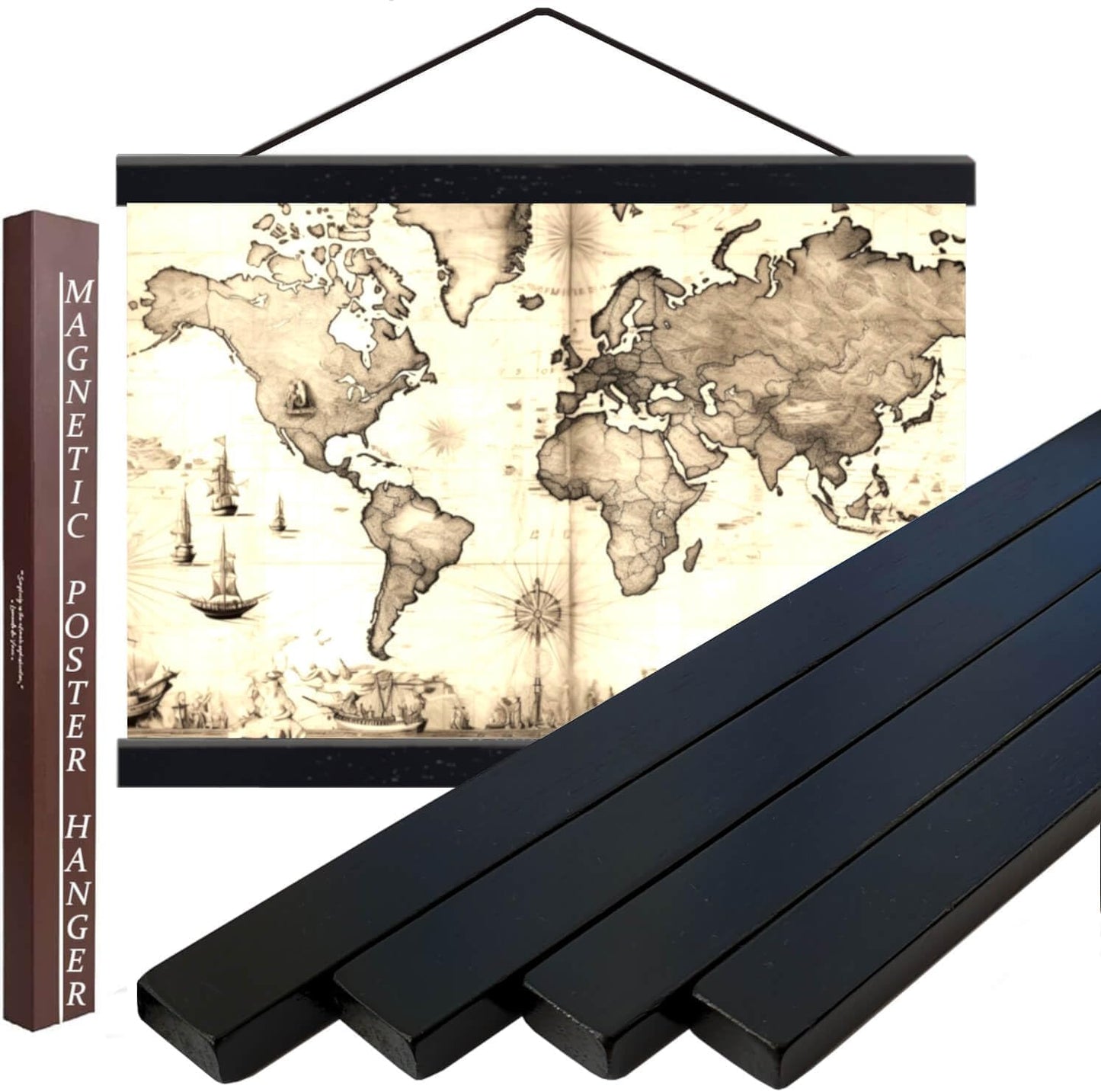 DACRI HOME 30" Wide Sturdy Magnetic Poster Hanger Frame - 30x20 30x24 30x40 Teak Wood Poster Frame for Picture Map Canvas Print Wall Art Hanging (30", Black)