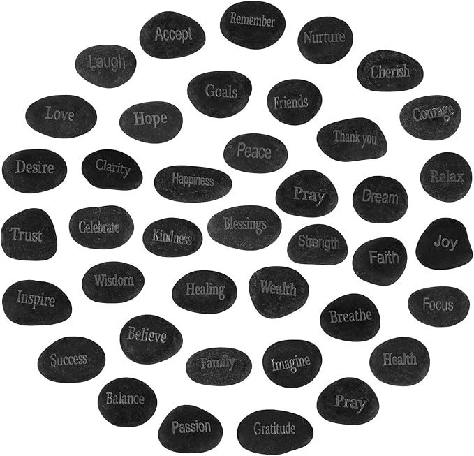 Fabbay Black Rock Engraved Inspirational Stones, Encouragement Motivational Rocks with Words, Natural River Stone Bulk Set for DIY Garden Stone Kit and Decor, Meditation, Positive Gifts(black, 40 Pcs)