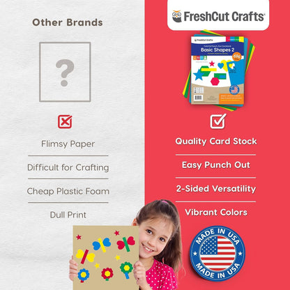 Basic Shapes 2: Hearts, Stars, Hexagons, Rectangles, 696 Pieces US Made Card Stock Punch Out Geometric Shapes in 3 Sizes and 4 Primary Colors for Math, Pattern Play and DIY Crafting - Crafty Corner