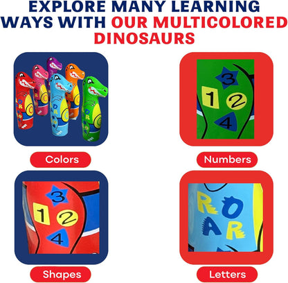 Inflatable Dinosaur Bowling Set for Kids – 6 Giant 26” Pins & 24” Ball – Fun Indoor/Outdoor Game – Educational Motor Skills Toy – Great Birthday Gift – Teaches Numbers, Letters & Shapes
