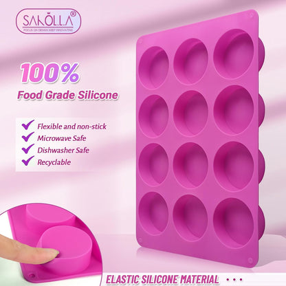 Sakolla 3 Pcs Round Chocolate Cookie Molds, 12-Cavity Cylinder Silicone Molds for Chocolate Covered Oreos, Cake, Candy, Pudding, Mini Soap (2 Rose Red+1 Blue)