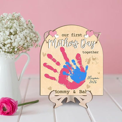 DIY Custom Our First Mother's Day Together Mommy & Baby Handprint Signs, Baby First Mothers Day Gifts for Babies, Toddler And Mom Mother's Day Crafts Plaque, Memory Keepsake Baby Milestone Photo Props