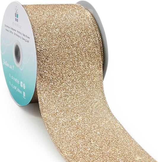 CT CRAFT LLC Glitter Wired Ribbon 2.5" x 10 Yards Gold (Champagne Gold) for Christmas Home Decor Bow Gift Wrapping DIY Crafts Wreath - Crafty Corner