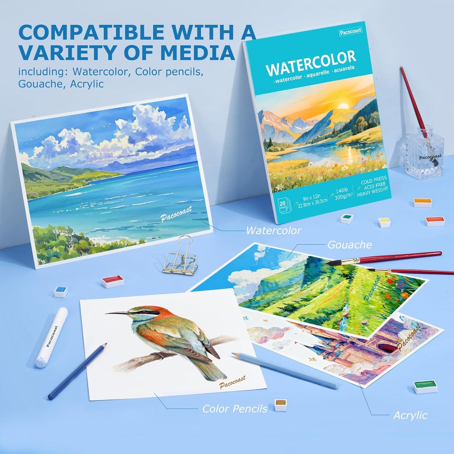 Pacocoast Watercolor Paper, 9"X12" Cold Press Artist Sketchbook, (300gsm/140lb) Water Color Pads for Acrylic, Gouache & Pencil. Painting Drawing Paper Book, Art Supplies for Adults & Kids, Teal