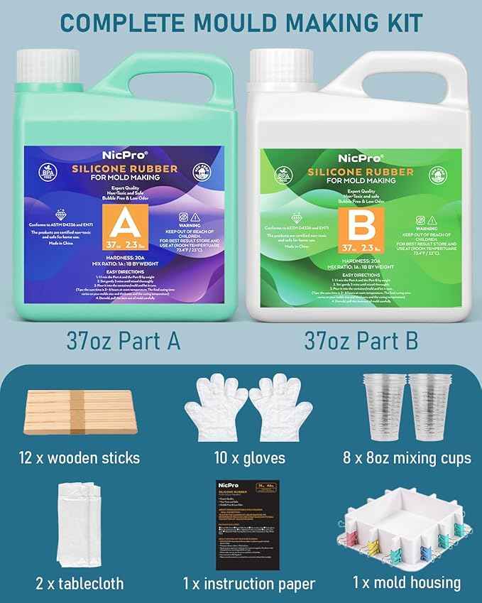 74oz Platinum Silicone Mold Making Kit with Molds Housing & Mixing Cups, 1:1 Ratio, 20A Medium Hardness, Non-Toxic Liquid Silicone Rubber for Resin, Jewelry, Craft Molds