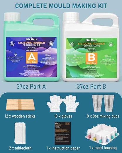 74oz Platinum Silicone Mold Making Kit with Molds Housing & Mixing Cups, 1:1 Ratio, 20A Medium Hardness, Non-Toxic Liquid Silicone Rubber for Resin, Jewelry, Craft Molds