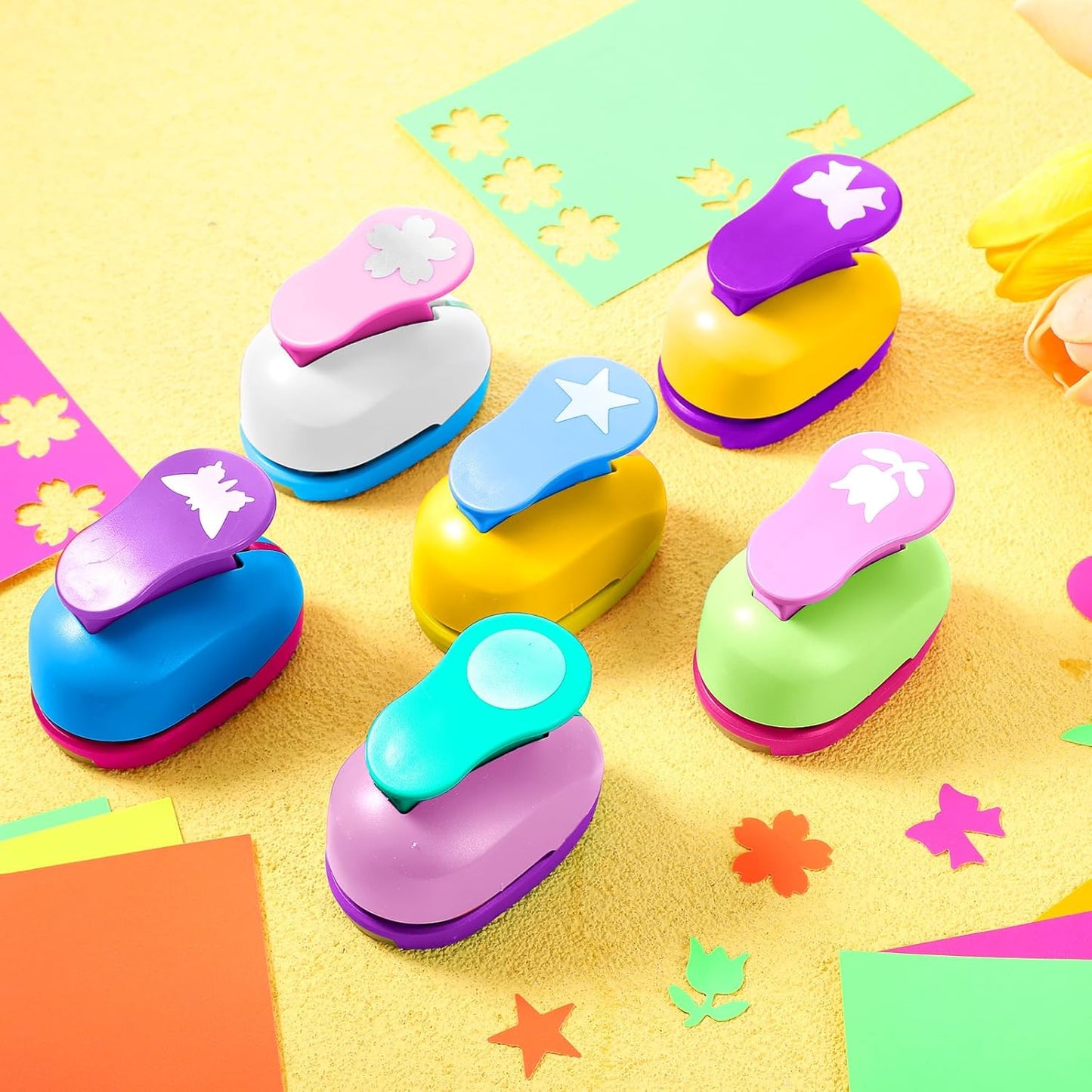 CHENGU 16 Pcs Craft Holes Punch Paper Punchers Scrapbook Punches with Craft Sticker Paper, Round, Star, Square, Heart, Flower, Wave Circle Shape (1 Inch,Fresh Style) - Crafty Corner