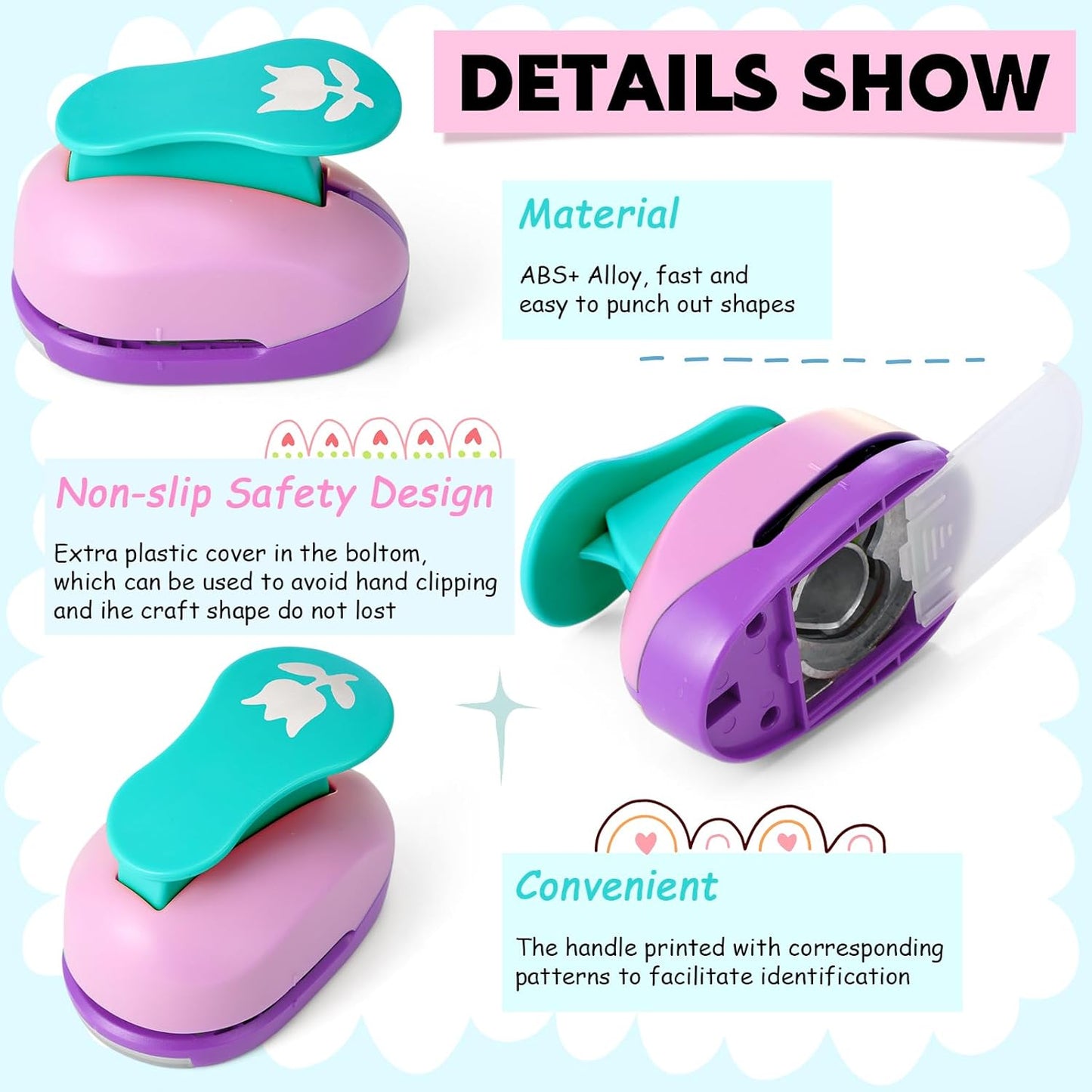 CHENGU 16 Pcs Craft Holes Punch Paper Punchers Scrapbook Punches with Craft Sticker Paper, Round, Star, Square, Heart, Flower, Wave Circle Shape (Flower Style,2 Inch) - Crafty Corner