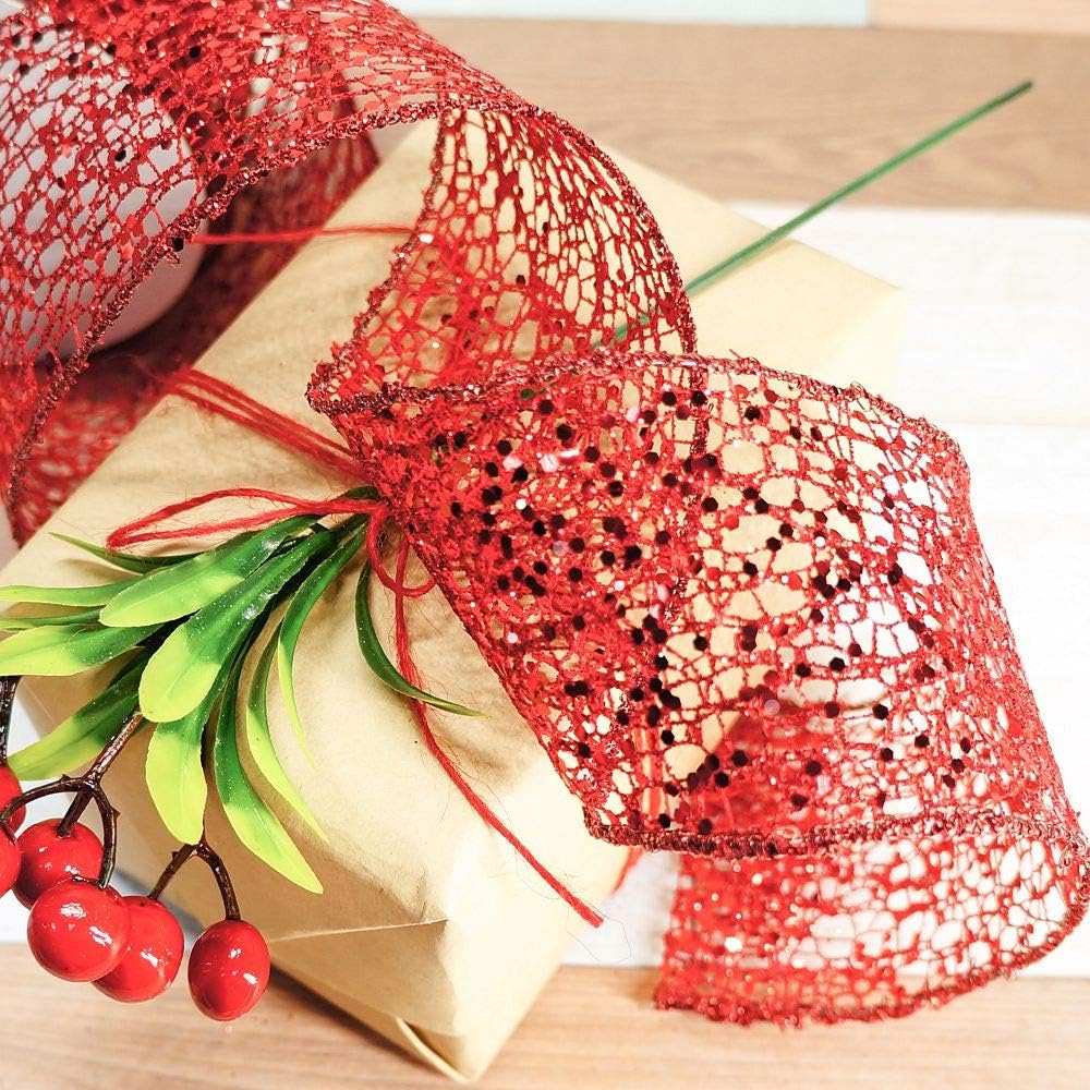 CT CRAFT LLC Sparkling Glitter Mesh Wired Ribbon 2.5" x 10 Yards Red for Christmas Home Decor Bow Gift Wrapping DIY Crafts Wreath - Crafty Corner