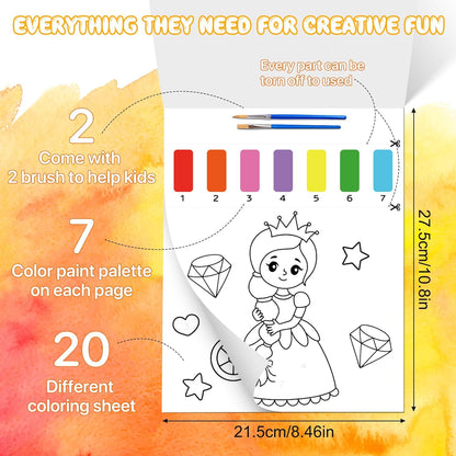 Paint with Water Coloring Books for Kids,Princess Art Craft Kit No Mess Water Color Painting Sets for Kids Ages 4-8,Birthday Gifts Travel Toy Crafts Supplies Kits for Girls Boys Drawing with 2 Brushes