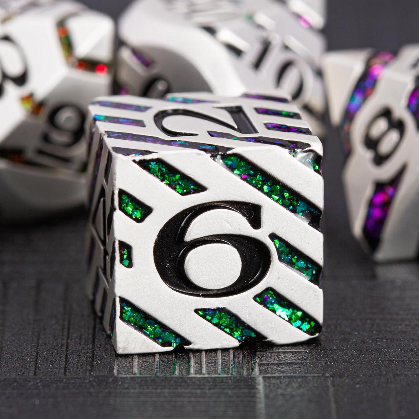Metallic Stripes Dice with Gift Case, D&D Metal Polyhedral Dice Sets for Tabletop Games (Pearl Silver Seven Colors)
