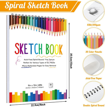 2 Pack Sketch Book with 36 Color Pencil Set, Spiral Kids Sketchbook for Drawing (68lb/100gsm), Acid-Free Sketch Pad for Kids Artist, Art Paper Drawing Supplies for Gifts (9×12 inch)