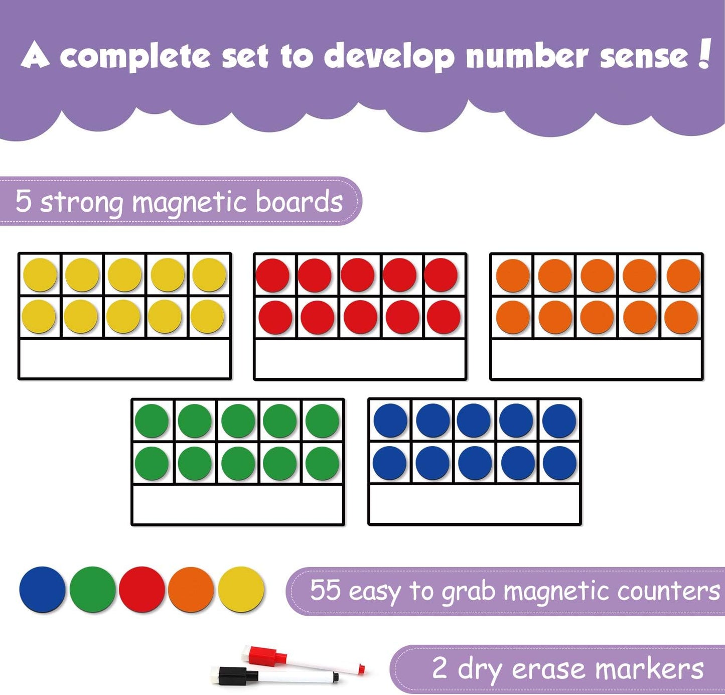 Torlam Magnetic Ten-Frame Set - Math Manipulative for Elementary - 5 Ten Frames & 55 Magnetic Counters for Kids, Kindergarten Math Games (Upgraded Version for Hand-held & 2 Black Pens)