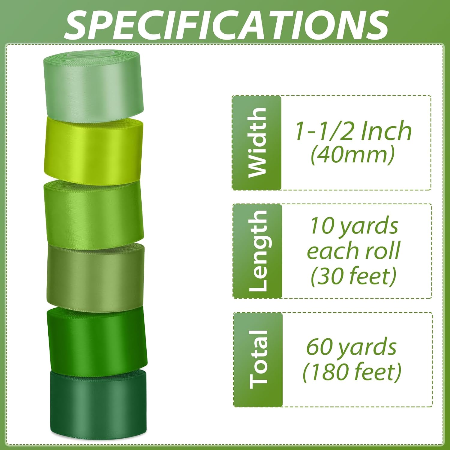 1-1/2 Inch Green Satin Ribbons for Crafts, 6 Rolls Single-Faced Green Assorted Ribbons for Gift Wrapping Flower Bouquet Wedding Invitations Bridal Shower Hair Bows Garland Party Decor - Crafty Corner