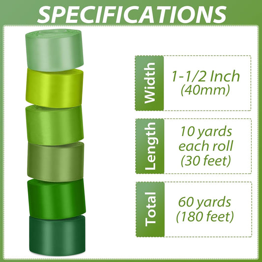 1-1/2 Inch Green Satin Ribbons for Crafts, 6 Rolls Single-Faced Green Assorted Ribbons for Gift Wrapping Flower Bouquet Wedding Invitations Bridal Shower Hair Bows Garland Party Decor - Crafty Corner
