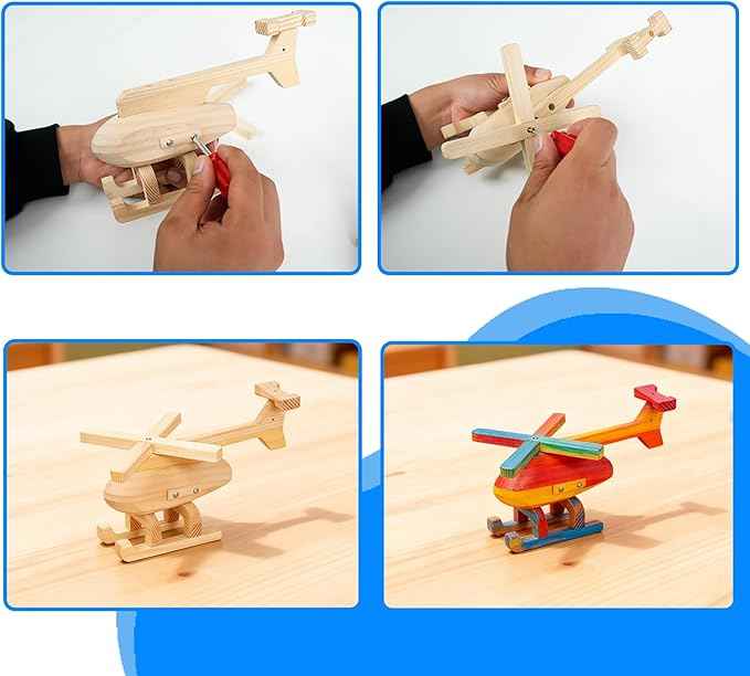 Easy Playhouse: Wood Building Toy Kit - DIY 3 Vehicle Projects: Helicopter, Truck & Excavator, 12 Paint Colors & 2 Brushes, Arts & Craft Set, Kids 8+