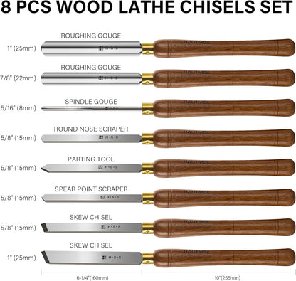 HAUTMEC Pro HSS Wood Lathe Turning Chisel Set 8 Pcs, Lathe Chisel Set with 3 Gouge 2 Skew 1 Spear Point 1 Parting 1 Round Nose Tools with 1680D Tool Bag for Professionals and Beginners - HTWCH25028