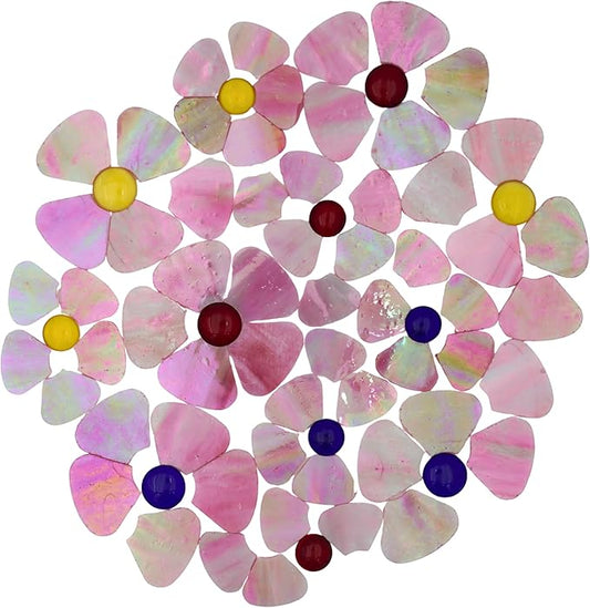 Yuvori Iridescent Flower Mosaic Tiles – 12pcs Mixed Sizes, 5-Petal Iridescent Mica Flowers with Center Beads for DIY Mosaic Art, Fairy Garden, Home Craft, Outdoor Decor (Iridescent Pink)