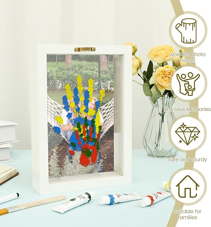 Family Handprint Kit, Family Handprint Photo Frame, Baby Hand and Footprint Handmade Keepsake Wooden Frame with 4 Non-Toxic Baby-Safe Paint, Hand print Art Craft DIY Kit for Home Mother's Day and more