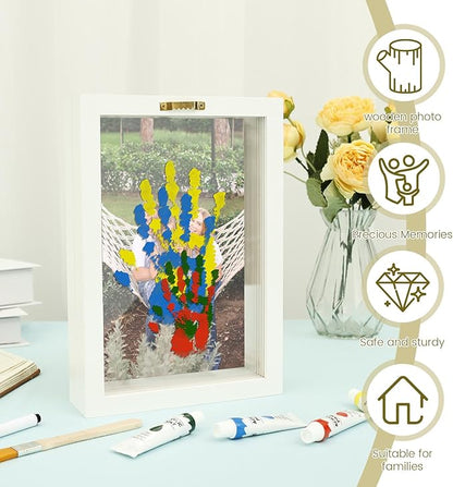 Family Handprint Kit, Family Handprint Photo Frame, Baby Hand and Footprint Handmade Keepsake Wooden Frame with 4 Non-Toxic Baby-Safe Paint, Hand print Art Craft DIY Kit for Home Mother's Day and more