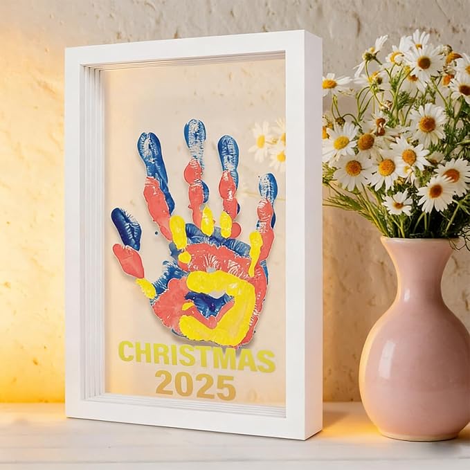 Family Handprint Kit, Hand Prints Keepsake Frame, DIY Craft Gift for New Parents Adoption Gifts, Gift for New and Expecting Parents- Includes 6 Paint Colors (White)