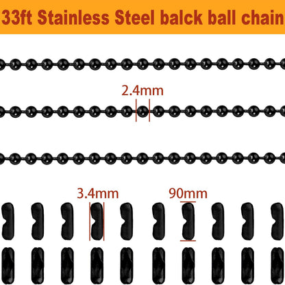Jishi Steel Ball Chain Bead Dog Tag Chain Beaded Necklace Chains for Jewelry Making Bracelet Military Crafts, Silver Metal Pull Chain Small Ball Bead Chain Roll w/20 Connectors (Black, 33ft 2.4mm)