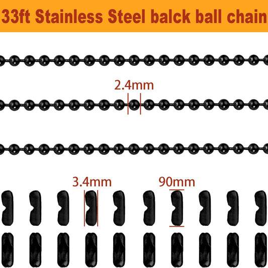 Jishi Steel Ball Chain Bead Dog Tag Chain Beaded Necklace Chains for Jewelry Making Bracelet Military Crafts, Silver Metal Pull Chain Small Ball Bead Chain Roll w/20 Connectors (Black, 33ft 2.4mm)