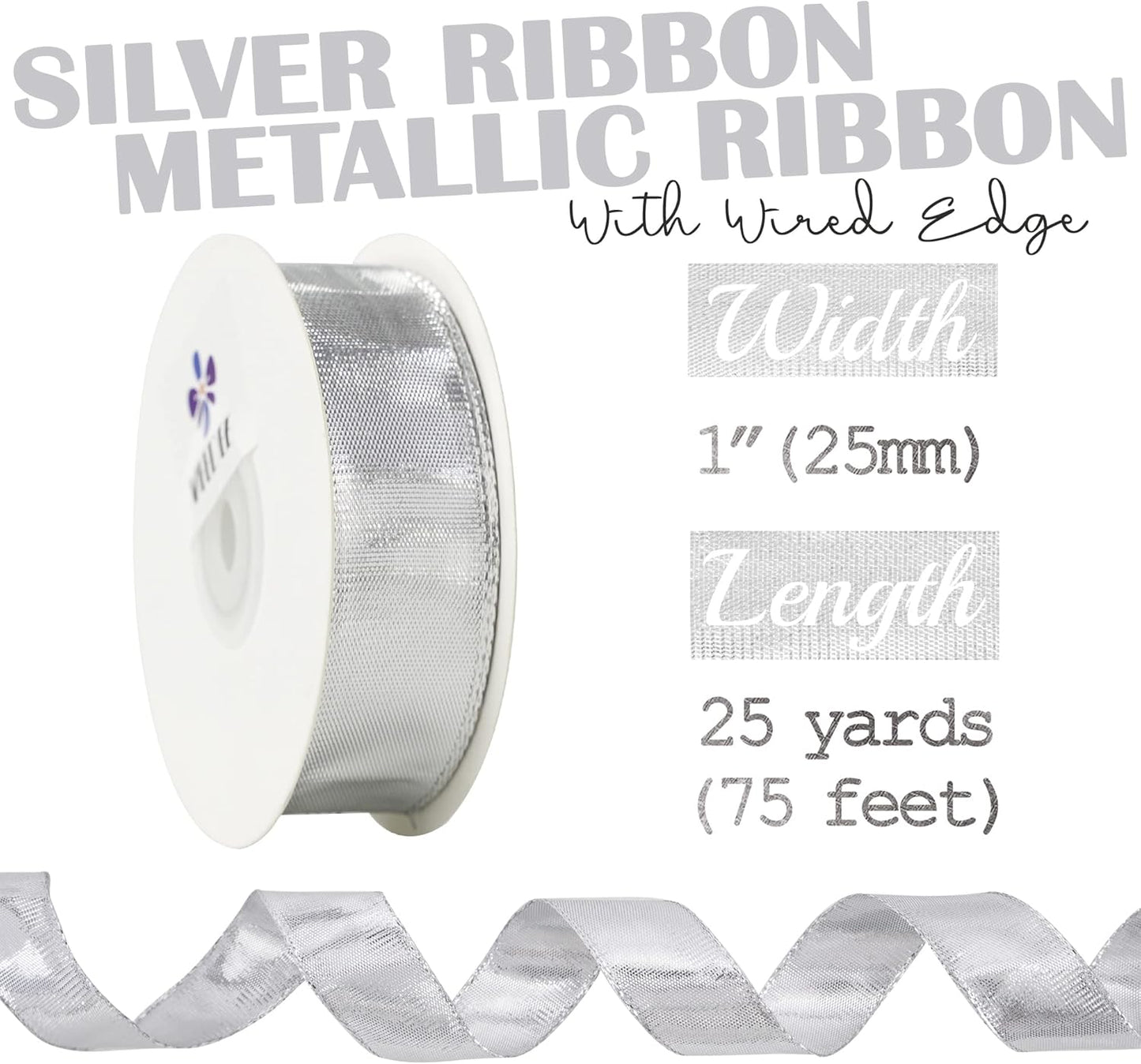MEEDEE Silver Wired Woven Metallic Ribbon - 1 inch Silver Wired Ribbon for Gift Wrapping, Gift Bows, DIY Crafts, Graduation Baskets, Wedding, Party Decorations (25 Yards) - Crafty Corner