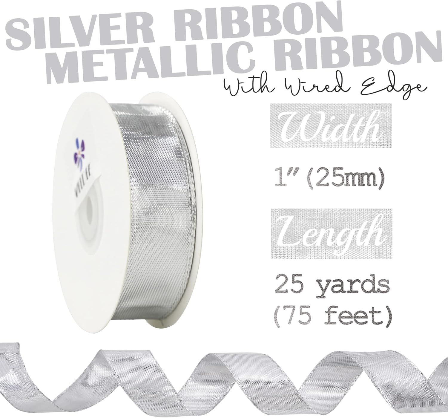 MEEDEE Silver Wired Woven Metallic Ribbon - 1 inch Silver Wired Ribbon for Gift Wrapping, Gift Bows, DIY Crafts, Graduation Baskets, Wedding, Party Decorations (25 Yards) - Crafty Corner