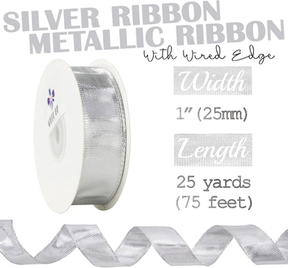 MEEDEE Silver Wired Woven Metallic Ribbon - 1 inch Silver Wired Ribbon for Gift Wrapping, Gift Bows, DIY Crafts, Graduation Baskets, Wedding, Party Decorations (25 Yards) - Crafty Corner
