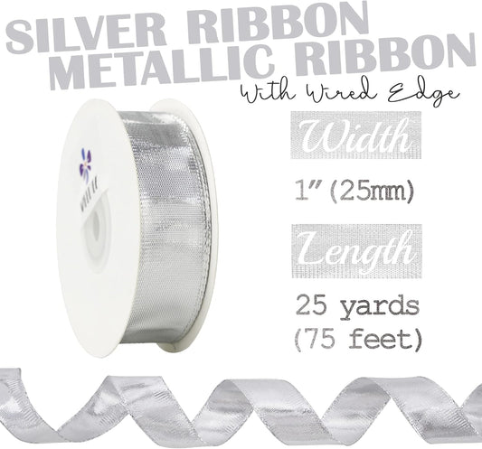 MEEDEE Silver Wired Woven Metallic Ribbon - 1 inch Silver Wired Ribbon for Gift Wrapping, Gift Bows, DIY Crafts, Graduation Baskets, Wedding, Party Decorations (25 Yards) - Crafty Corner