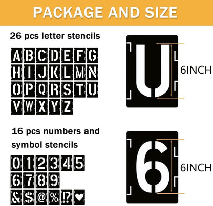 6 in Alphabet Number Stencils for Painting, 42 Pcs Reusable Letter Stencils for DIY Project Art Craft Spray Painting Templates Interlocking Stencil Kits for Wood Signs, Wall Art