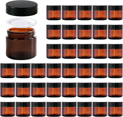 2oz Jars with Lids, HOA Kinh 40 Pack Amber Glass Jars with Lids Empty Cosmetic Containers Round Airtight Glass Jar with Black Lid for Storing Lotions Powders Ointments