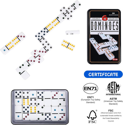 Double Six Dominoes Set with Tin Box - 28 Color Double 6 Domino Tiles for Kids & Adults, Classic Family Board Games for 2-4 Players, Travel, Party