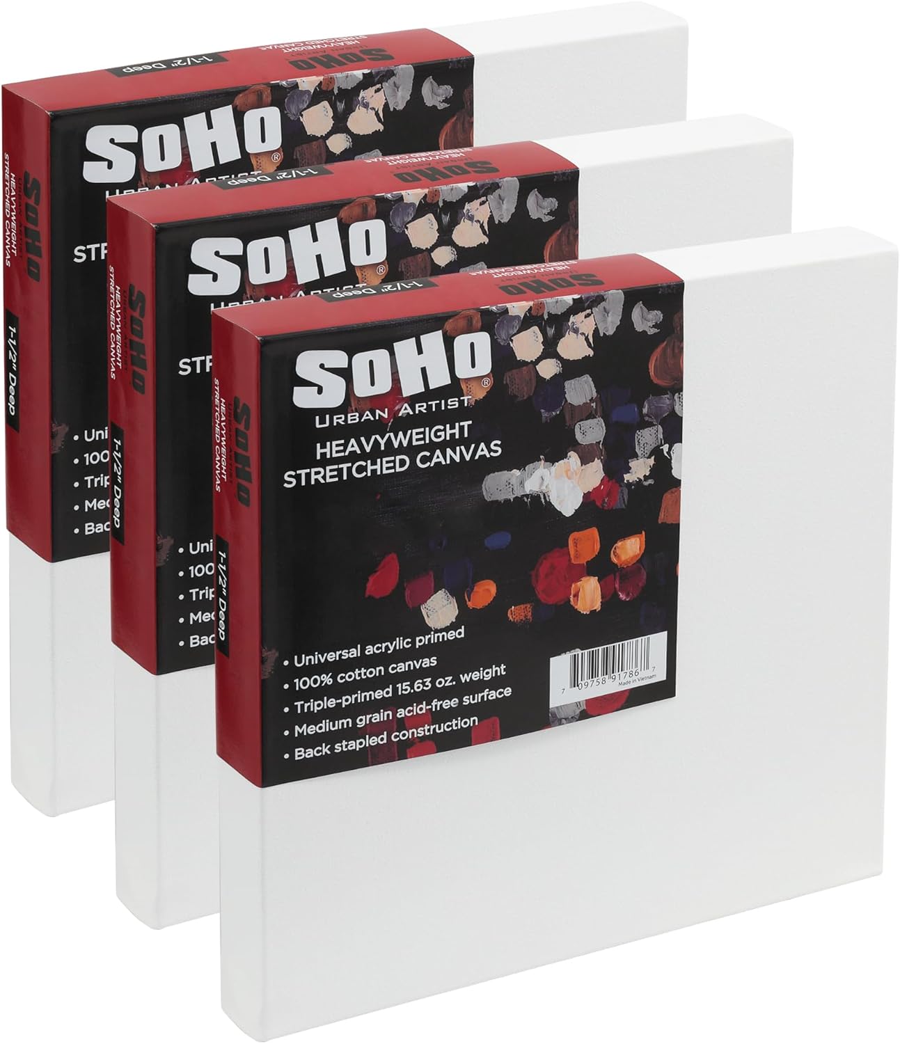 SoHo Urban Artist, 10x10 Heavyweight Stretched Cotton Canvas for Painting - 1.5" Deep- 3 Pack, Triple Primed, 100% Cotton Canvas, Archival, Universal Primed for Oil, Acrylic, Alkyd, Mixed Media