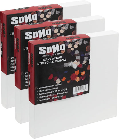 SoHo Urban Artist, 10x10 Heavyweight Stretched Cotton Canvas for Painting - 1.5" Deep- 3 Pack, Triple Primed, 100% Cotton Canvas, Archival, Universal Primed for Oil, Acrylic, Alkyd, Mixed Media