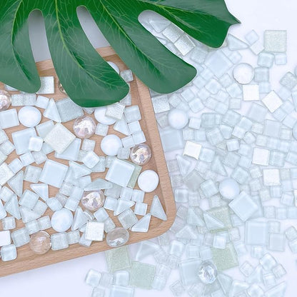 LITMIND 1.1 LB White Irregular Glass Mosaic Tiles with Backing, Assorted Mosaic Shapes for Creative Crafts – Ideal for Adult Mosaic Kits, Puzzles, and Artwork Projects