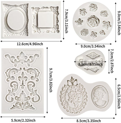 Growtail Vintage Frame Fondant Silicone Molds - Baroque & Rose Flower Designs for Chocolate Cake Decoration & Cupcake Toppers