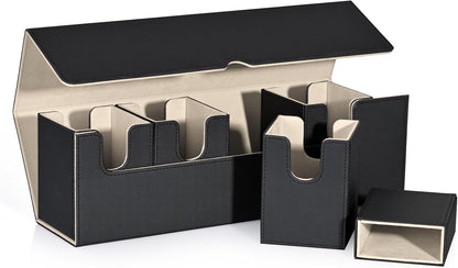Card Deck Box with Dice Tray for MTG, 5 in 1 Deck Case Holds 800+ Unsleeved Cards, Strong Magnet Card Organizer Compatible with Yugioh TCG Sport (Black Gold)