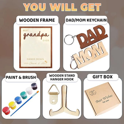 Dad Hand Print Sign Personalized Father Birthday Gifts Wooden Plaque Family Name Best Dad Ever Hands Down Frame Engraved Art Craft Gift For Grandpa Daddy Papa from Daughter Son Wife