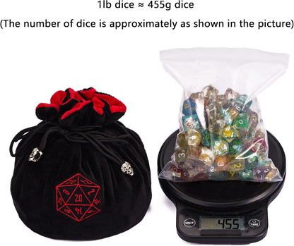 Large Dice Bags with Pockets Black Storage Bag D20 Logo for DND RPG Game Dices (with 1lb Random DND Dice)