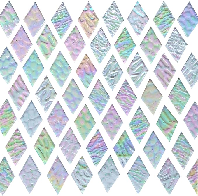 60 Pieces 1 Inch Each Side Diamond Shape(White Clear Iridescent) Stained Glass for DIY Crafts, Precut Mosaic Tiles Bulk - Mosaic Kits, Windows, Art Projects - Stained Glass Pieces for Beginners