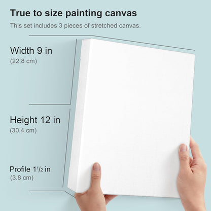 PHOENIX 9x12 Inch 3 Pack Gallery Canvas - 1.5 in Thick Canvases for Painting - Deep Edge 100% Cotton 11 Oz. Gesso Primed White Blank Professional Canvas Oil & Acrylic Paints