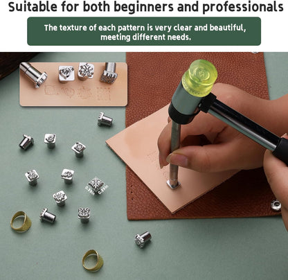 Leather Craft Stamping Tools, Leather Stamping Kit with 12 Tangcao Patterns Stamp and Punch Tools and 25mm Hammer and 3 thimbles for Craft Stamps