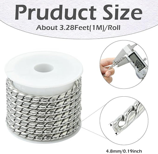 LiQunSweet 3.28 Feet(1m) 304 Stainless Steel Link Chains with Spool Snake Chain Unfinished Necklace Chain for Jewelry Making DIY Craftings - 4.8mm
