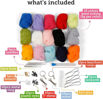 Incraftables Felting Needles Wool Roving Kit - Needle Felting Kit for Beginners, Adults & Kids – Wool Felting Kit with Plastic Eyes, Keychains, Glue & Accessories – 15 Colors