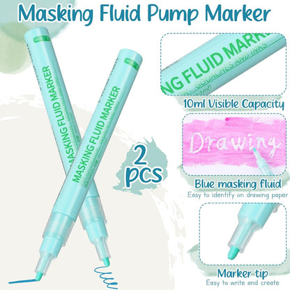 2 Pcs Masking Fluid Pen for Watercolor Painting, Capacity with Applicator Tip, Masking Fluid Marker for Various Art Projects Watercolor Ink(Green,3mm)