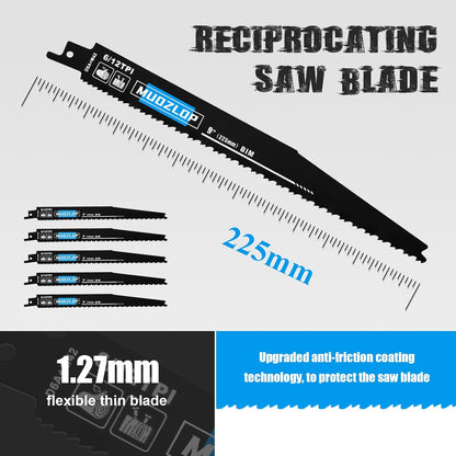 5 Pack 9 inch Reciprocating Saw Blades Set,6/12 TPI High Carbon Saw Blades, Woodcutting Saw Blades with Organizer Case (5, 6/12TPI/225mm)
